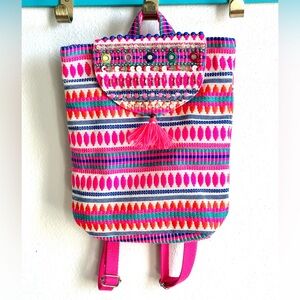 Accessorize Pink & Cream‎ Embroidered Boho Woven Backpack NWT Beaded Tassel